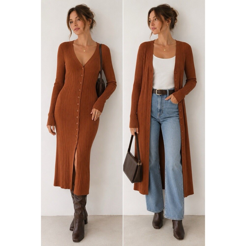 Abercrombie & Fitch Ribbed Knit Midi Dress Cardigan Brown Button Front S